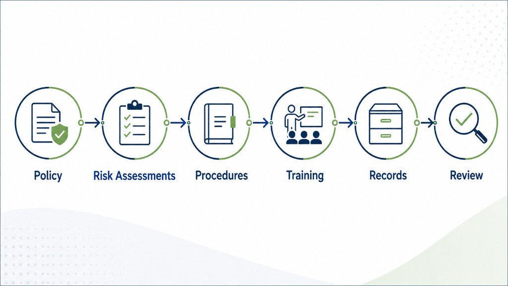 Compliance process: Policy, Risk Assessments, Procedures, Training, Records, Review